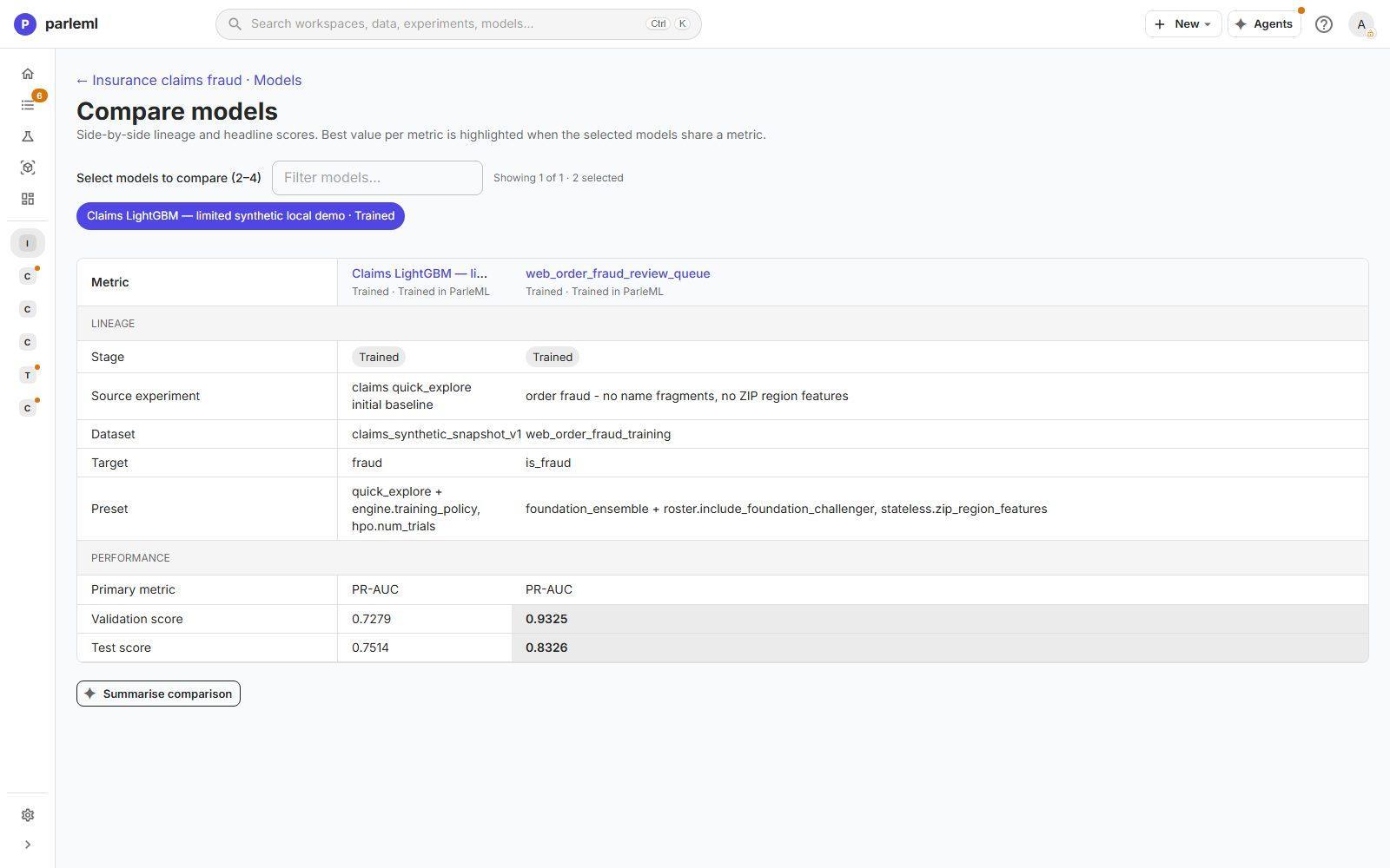 Two registered models compared on lineage and headline scores.