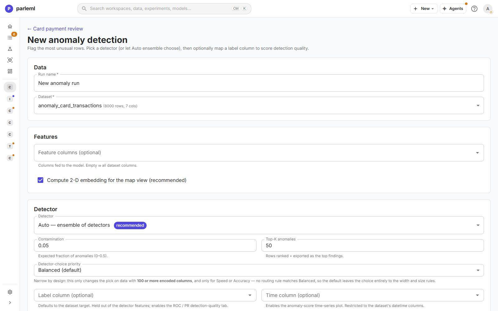 The anomaly detection form: features, detector, contamination, top-K, and optional label and time columns.