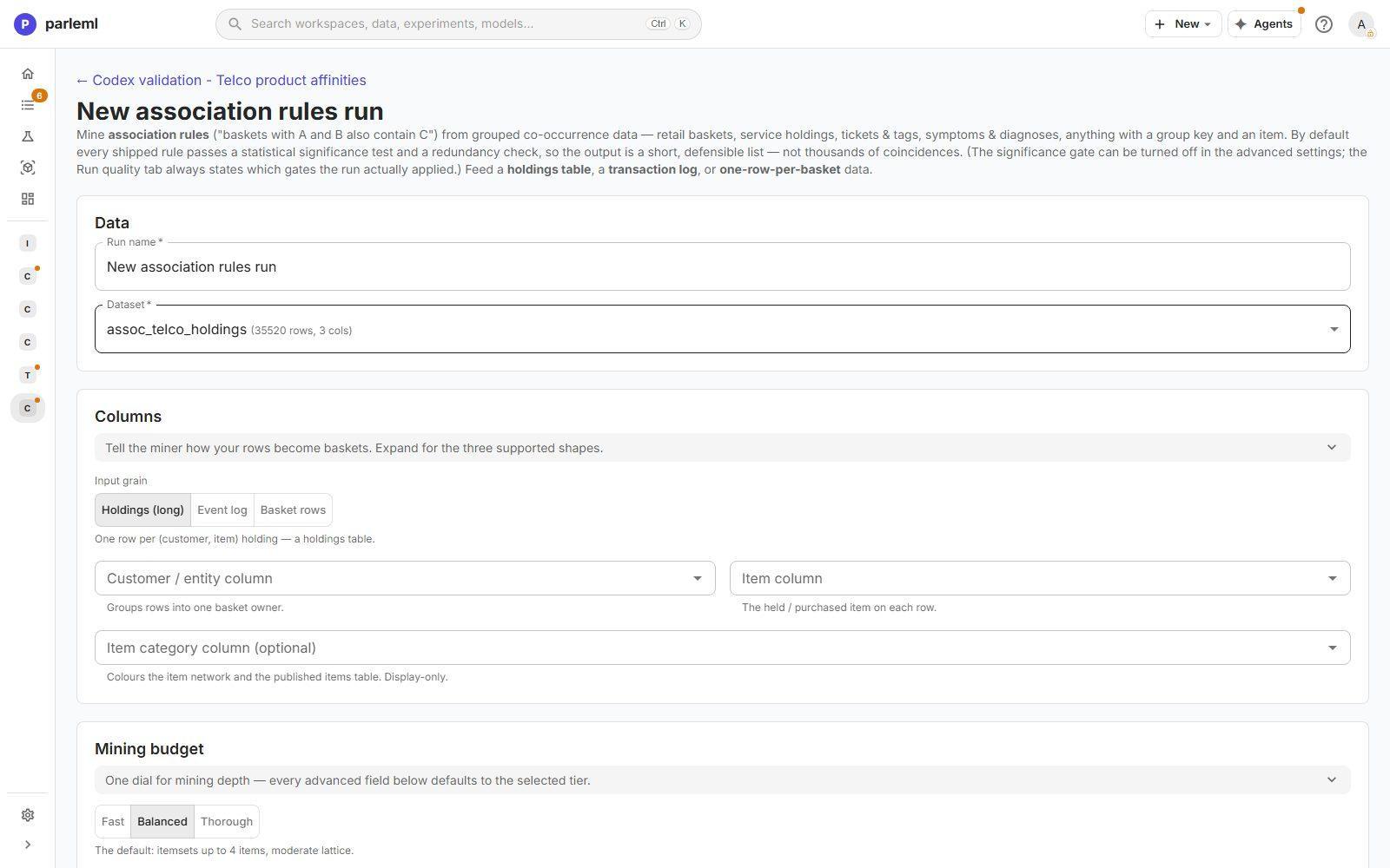 The association rules form: basket shape, columns, mining budget, item constraints and rule quality.