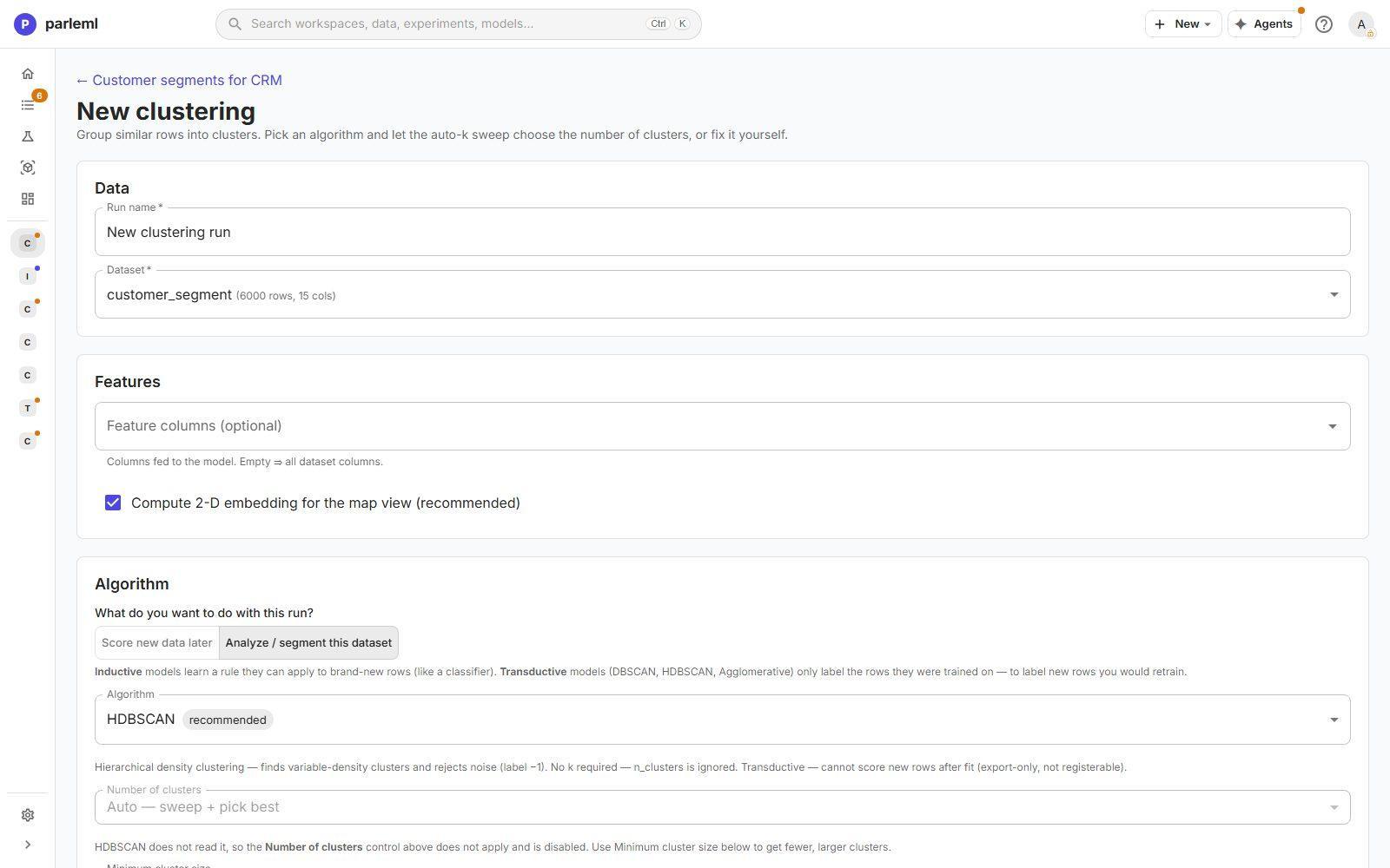The clustering form: purpose, algorithm, number of clusters, profiles, dimension reduction and text themes.
