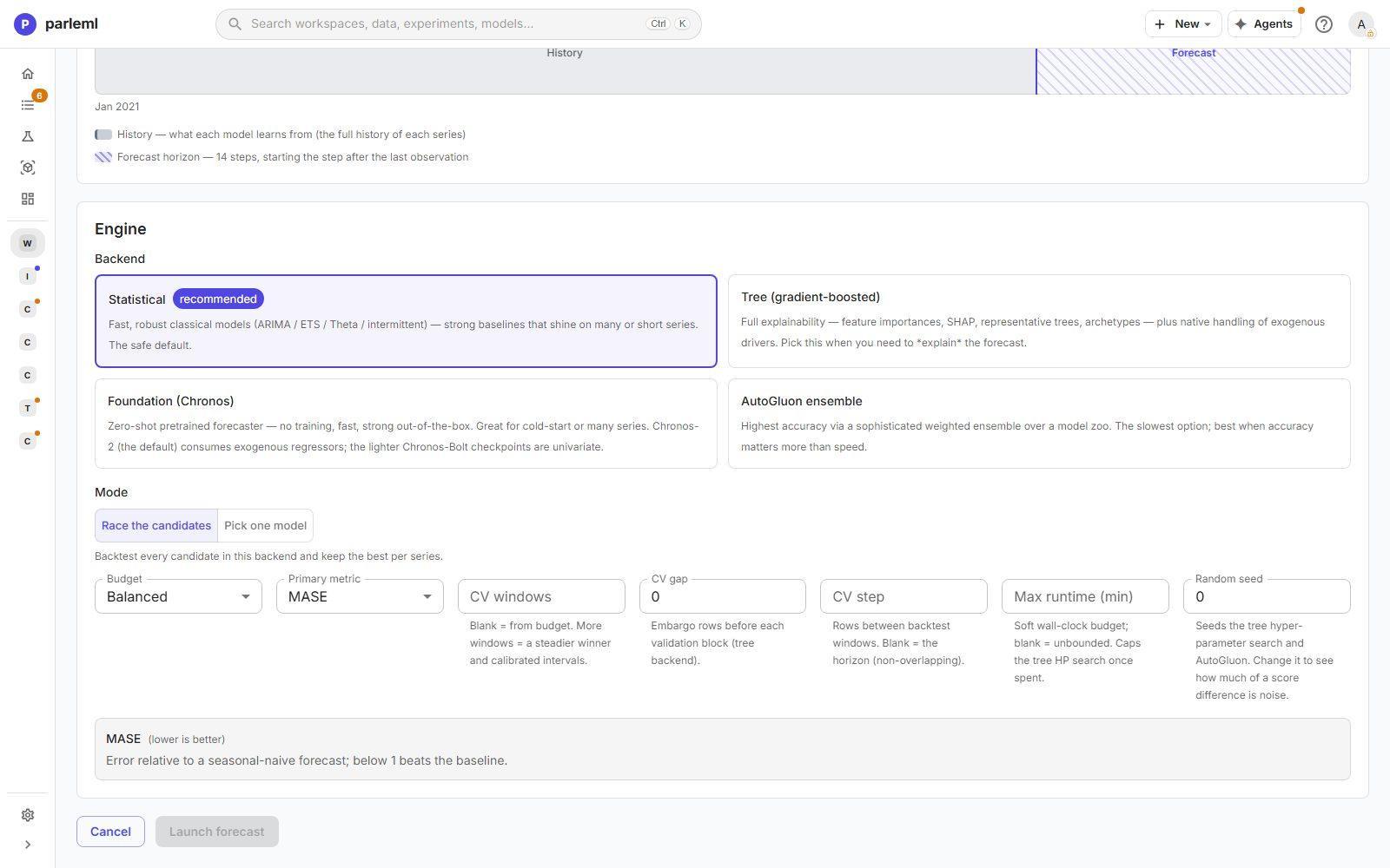 The forecast engine: four backends, race or pick one model, budget, metric and backtest settings.