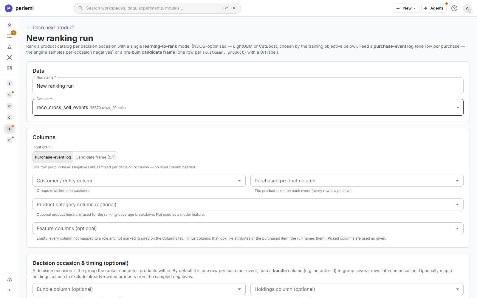 The ranking form: input grain, columns, decision occasions and timing, and the training and serving objectives.