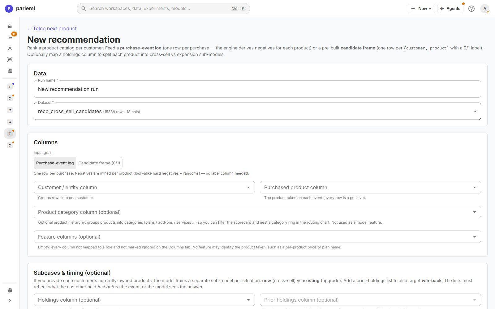 The recommendation form: input grain, columns, subcases and timing, and modelling.