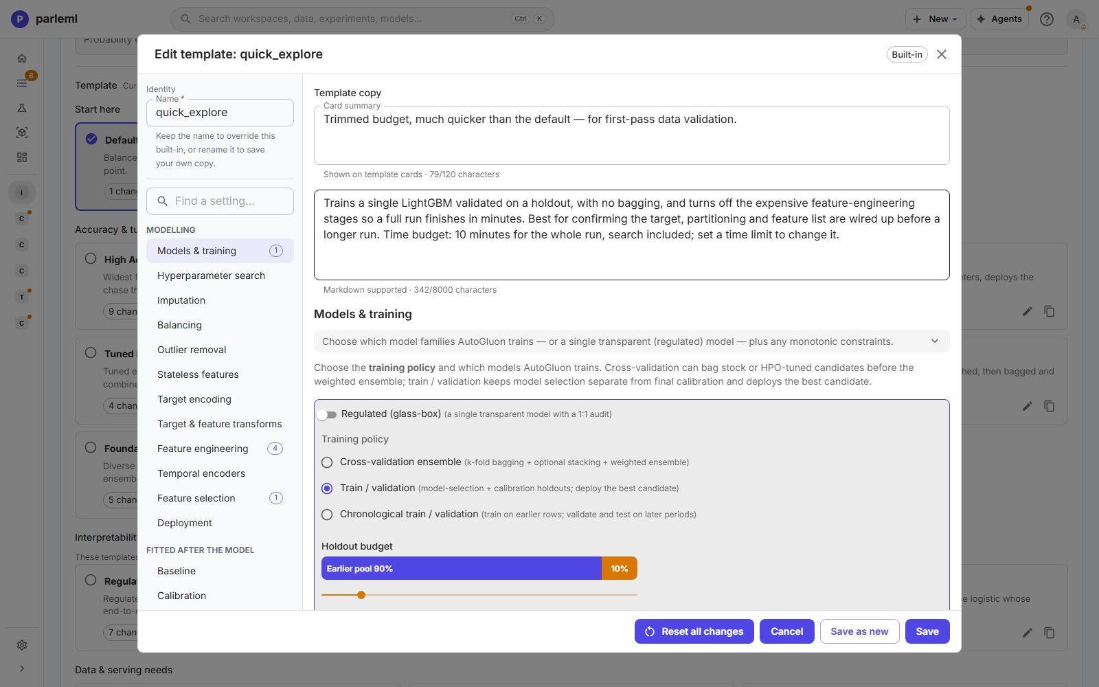 The template editor: identity, the card summary and description, and Models and training with the training policy and holdout budget.