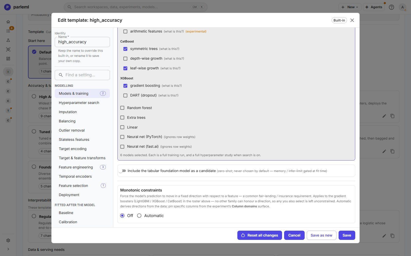 The model roster for High Accuracy: LightGBM, CatBoost and XGBoost variants, other families, the foundation candidate and monotonic constraints.