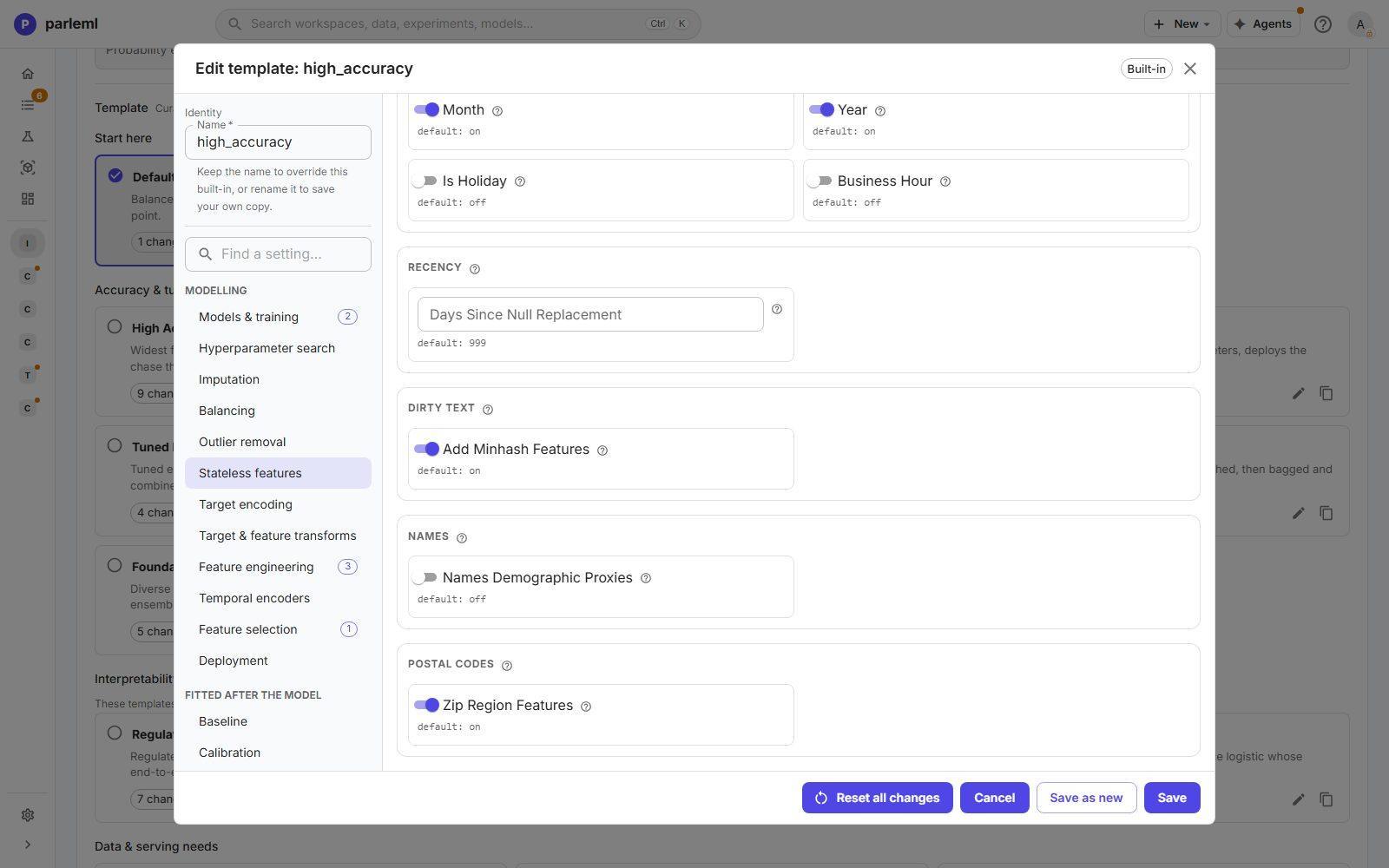 Stateless features: country, calendar parts, recency, dirty text, names and postal codes.