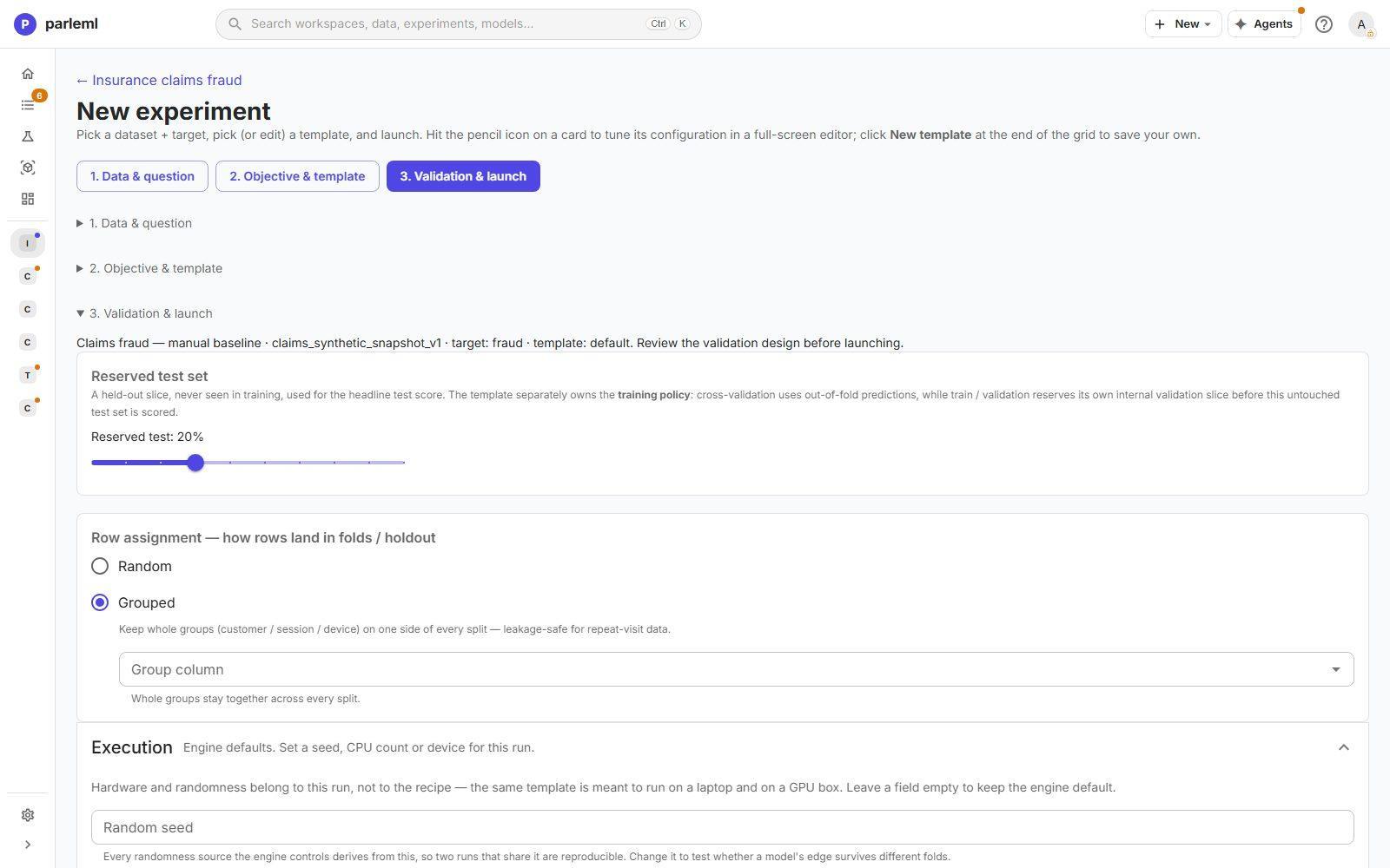 Step 3: the reserved test set, row assignment with a group column, and execution settings.