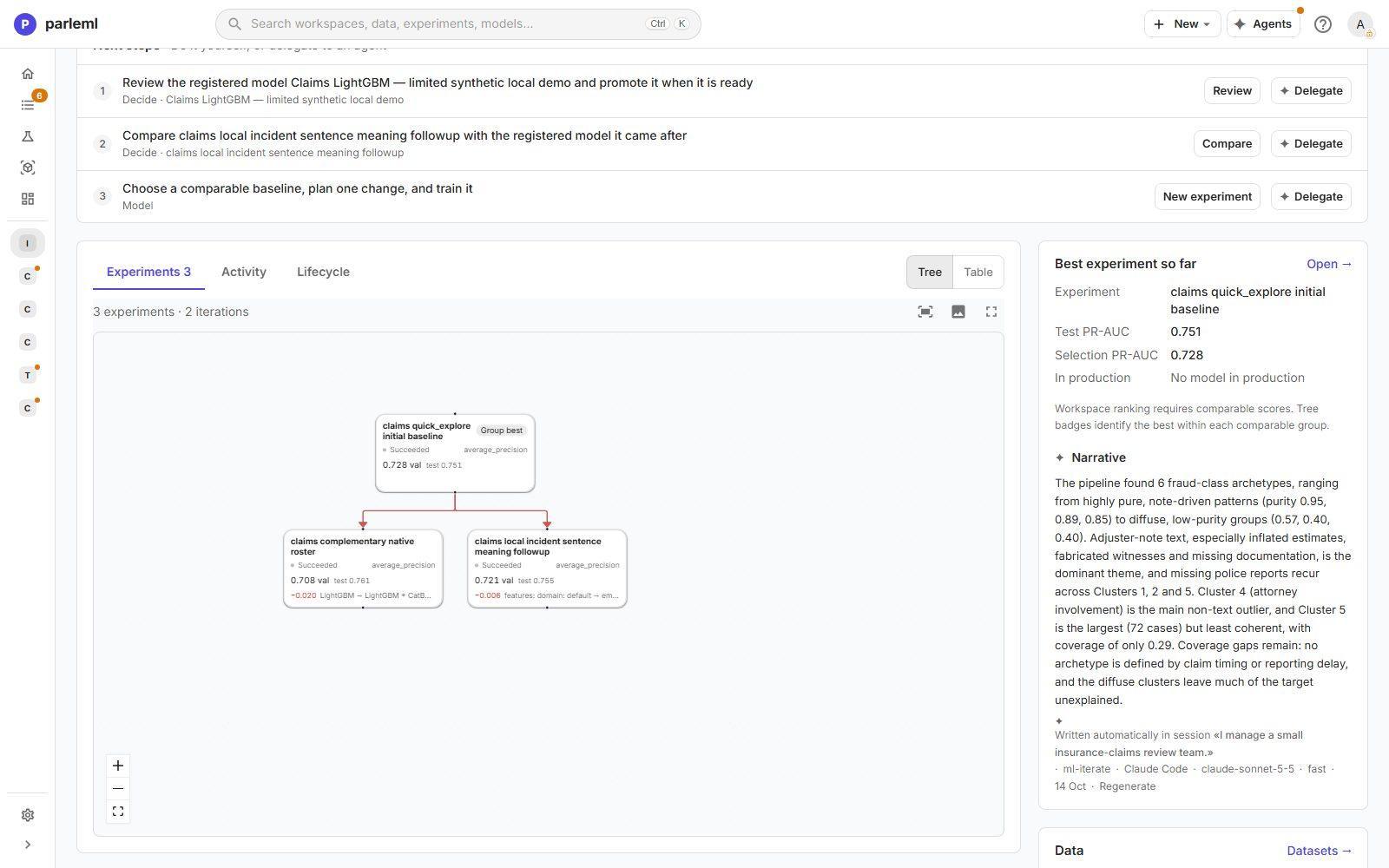 The experiment tree: a baseline and two single-change children with their score differences.