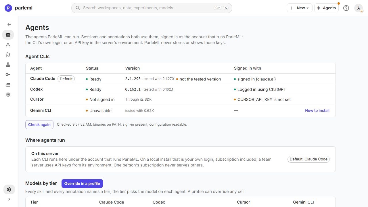 The Agents page: CLI status, models by tier and installation limits.
