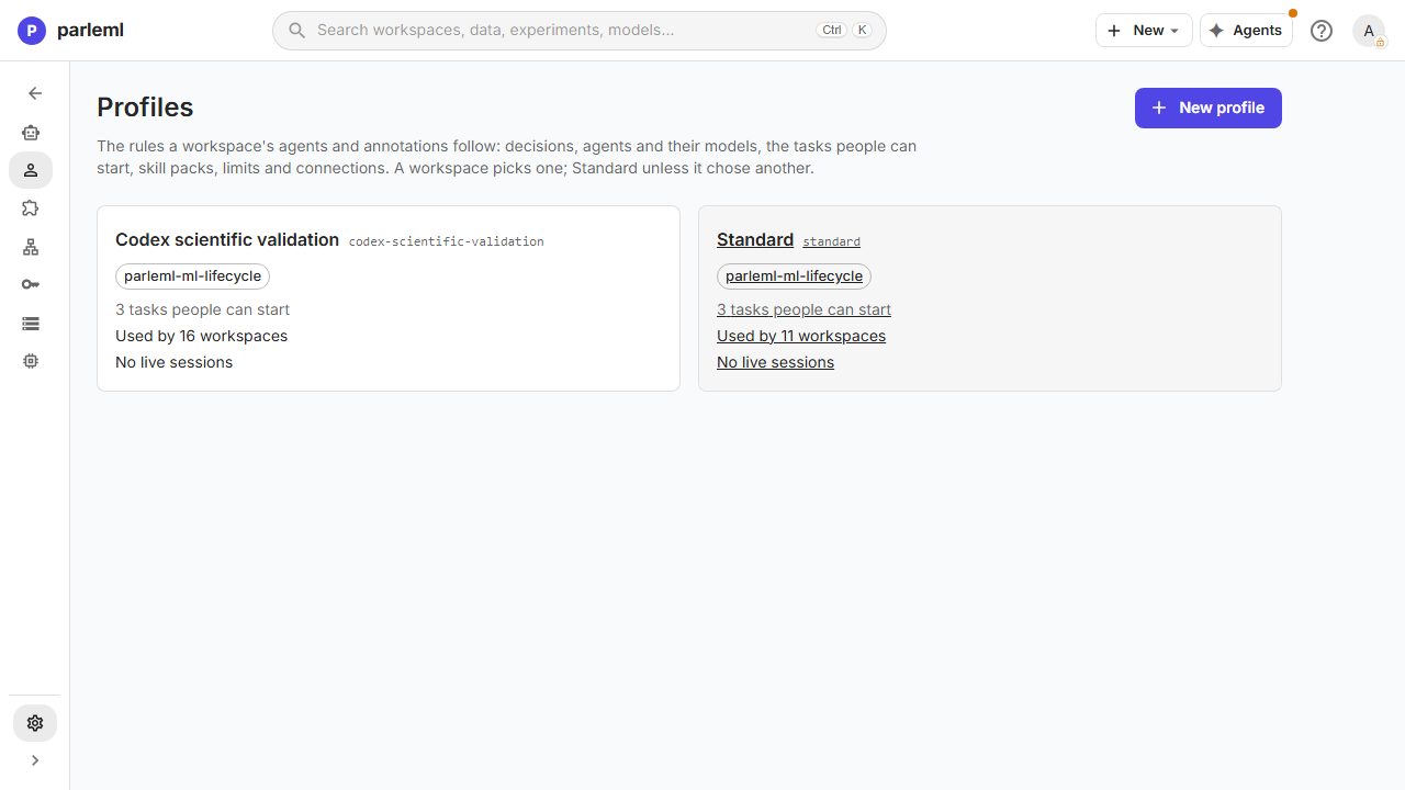 The Profiles page lists profiles, the packs they use and the number of workspaces.