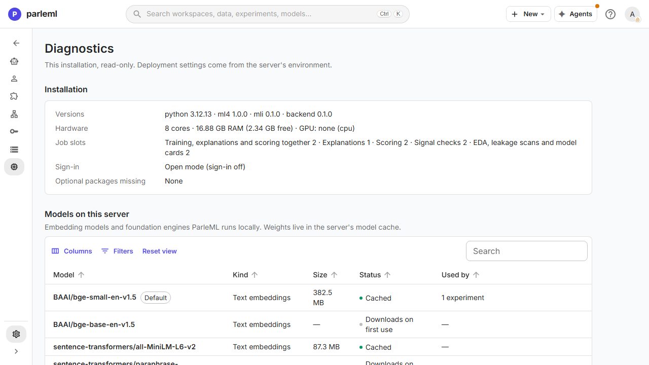 The Diagnostics page: versions, hardware, job slots and local models.