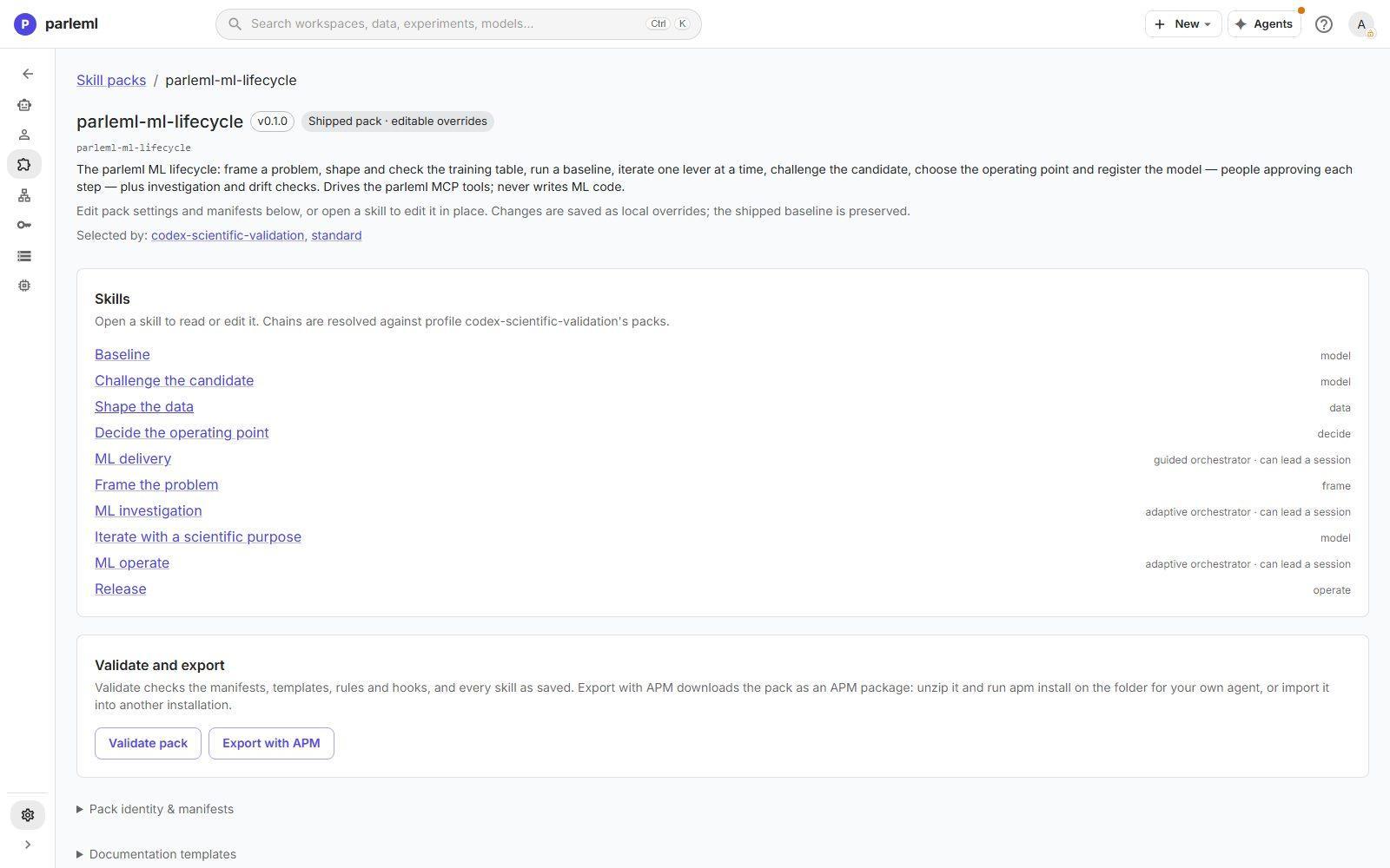 The shipped pack: its skills by lifecycle stage, the orchestrators, and validation and export.