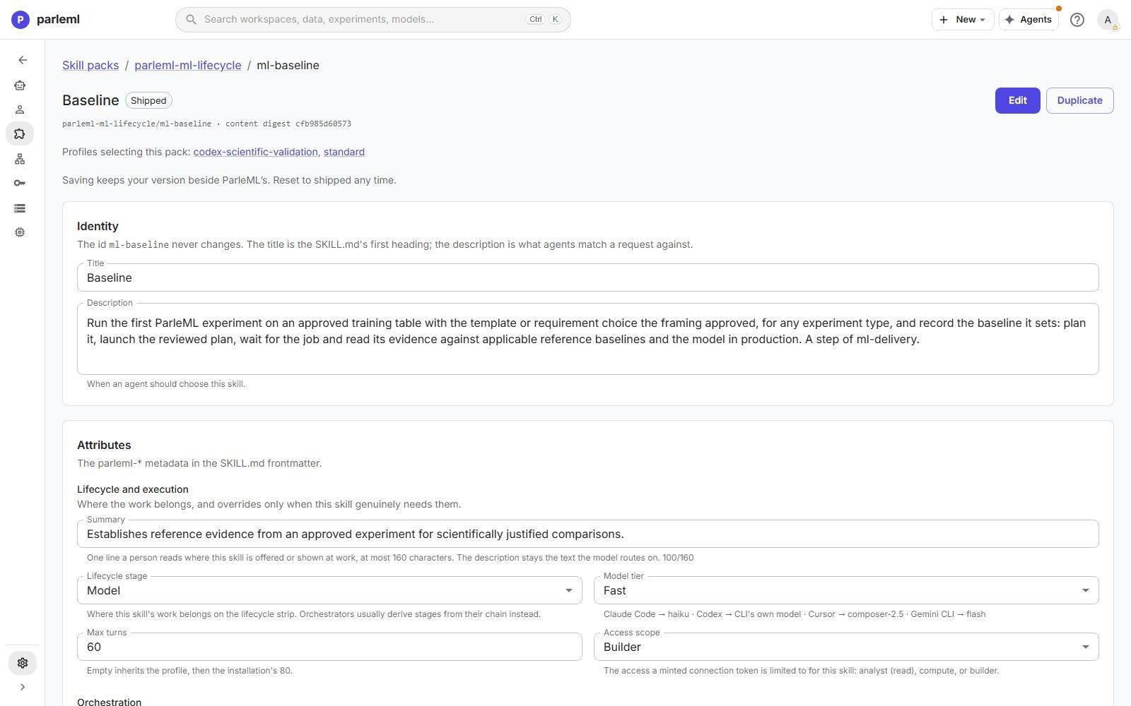 The skill editor: identity, and attributes such as lifecycle stage, model tier, turn limit and access scope.