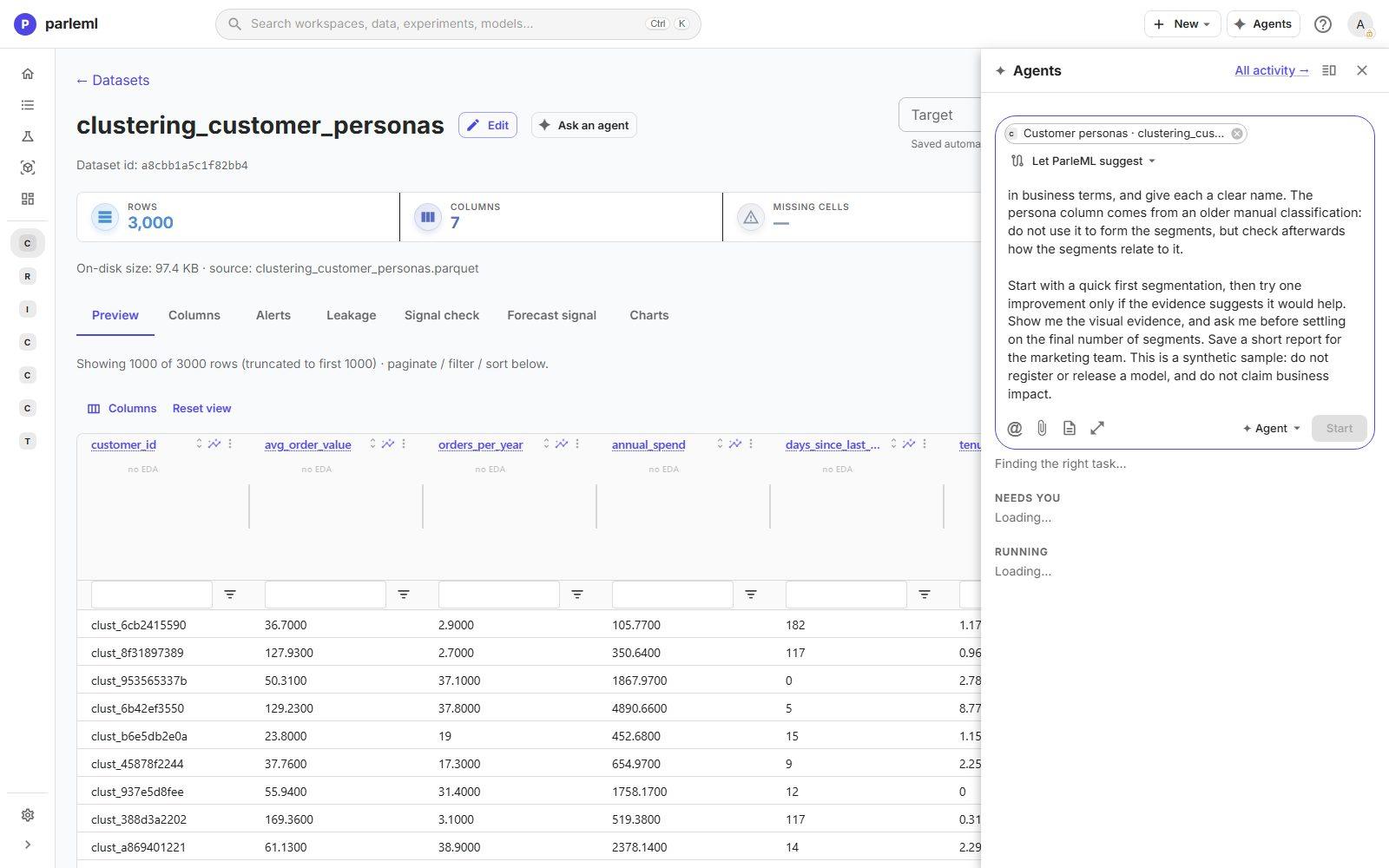 The brief in the composer, with the dataset attached.