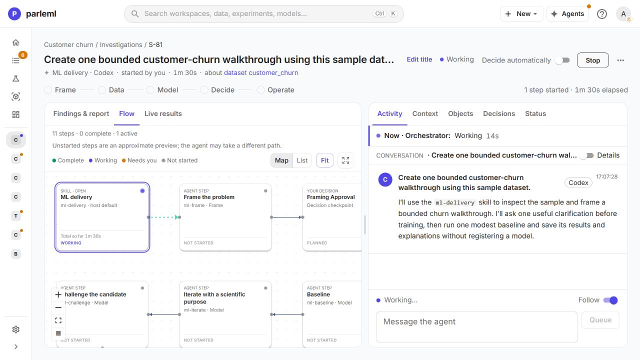 The real tutorial session: ML delivery is working, with its flow beside the agent conversation.