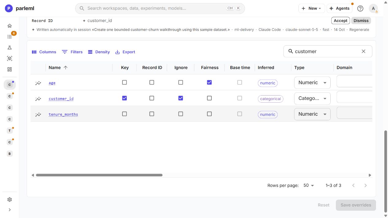 Applied field roles, filtered with the table search: customer_id has Key and Ignore, and age has Fairness.