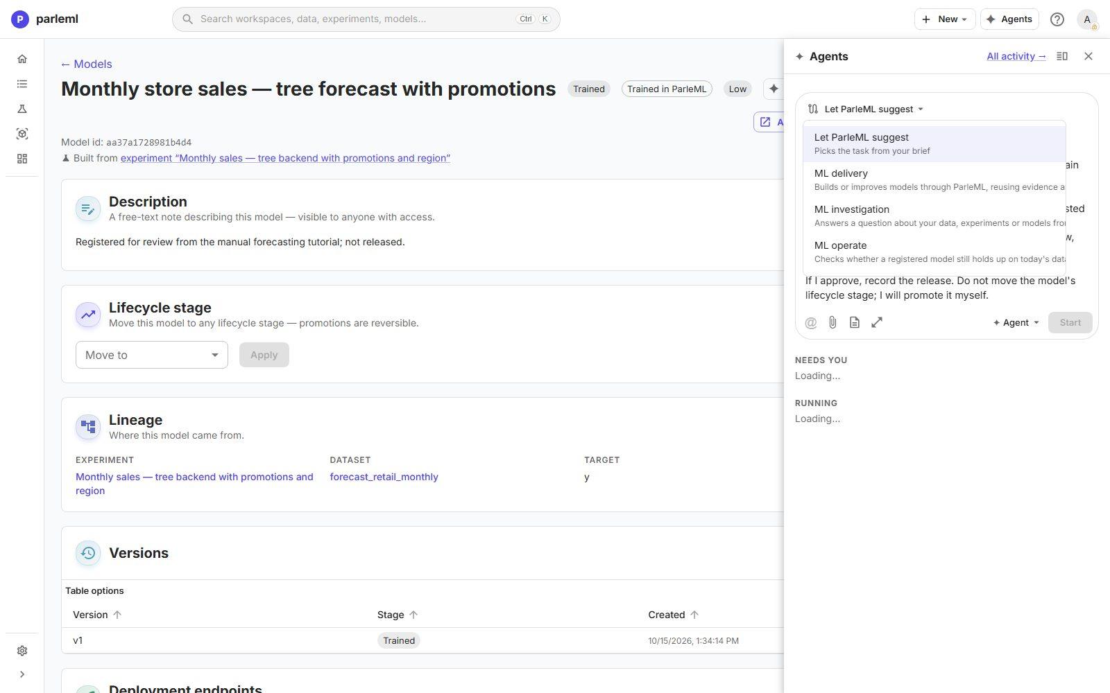 The task picker on the model page: ML delivery holds the release decision.